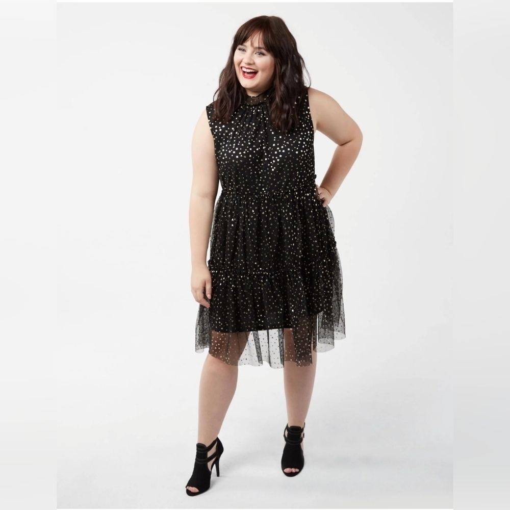 NWT POPSUGAR “Lucky Star” Black Metallic Gold Stars Keyhole Back Dress Medium